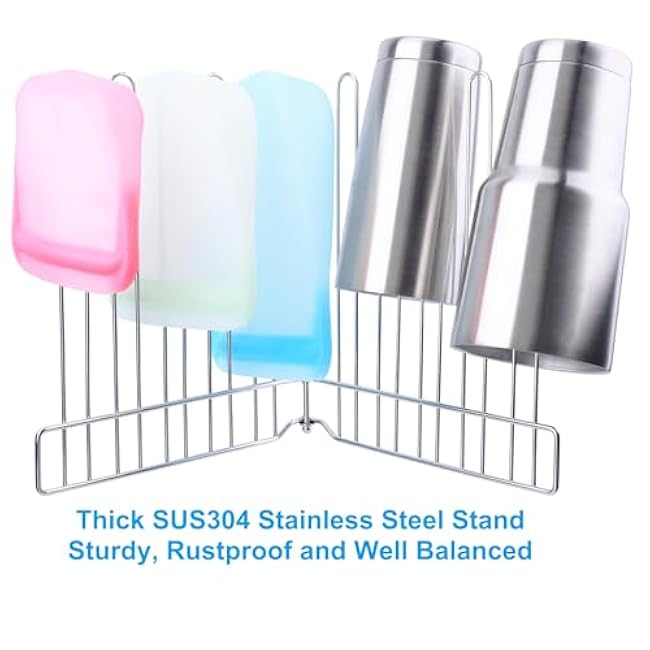 Reusable Drying Rack, Foldable Freezer Bag Dryer, SUS304 Stainless Steel Stand for Gallon, Quart, Sandwich, Snack Bags