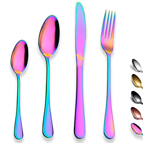 Kyraton Titanium Rainbow Plated Stainless Steel Flatware Set - Rainbow Cutlery Set, 24 Pieces, Dishwasher Safe