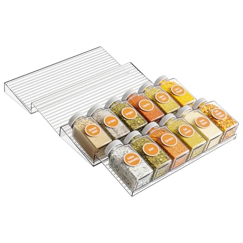 Yieach 4 Pack Adjustable In Drawer Spice Organizer - Expandable From 11'' to 22'' - Acrylic Drawer Seasoning Organizer,Clear Spice Organization Tray for Cabinet Drawers Condiment,Nail Polish and Jar