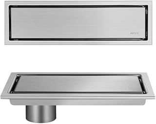 Linear Shower Floor Drain with Tile Insert Removable Cover Offset Outlet,Stainless Steel Matte Black Finish (Brushed Nickel,8inch)