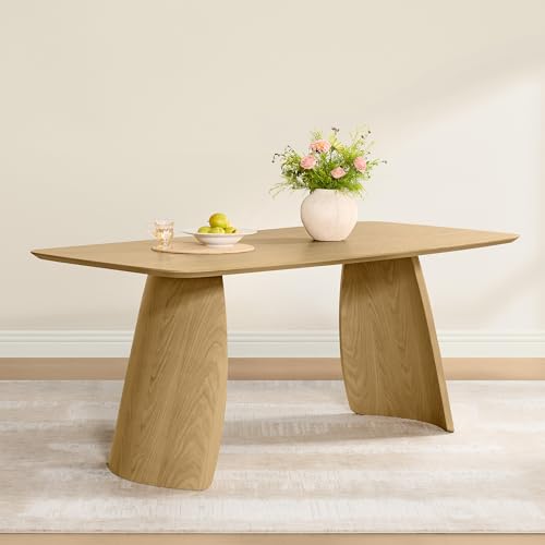 Image of CHITA 71 inch Modern Dining Table for 6, Rectangle Wood Kitchen & Dining Room Table, Solid Rubberwood Frame, Bentwood Legs, Oak Venner