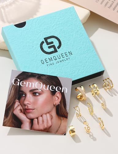 GEMQUEEN 14K Gold Plated Non-Piercing Ear Cuff Set – 9-Piece Chunky Clip-On Earrings for Trendy Women and Men with 5A CZ - Image 6