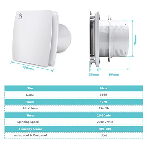 Randaco Badlüfter 100mm mit Feuchtigkeitssensor Abluftventilator einstellbarer Nachlaufzeit, mit Timing Wandventilator Silent für Bad, WC, Küche, weiß