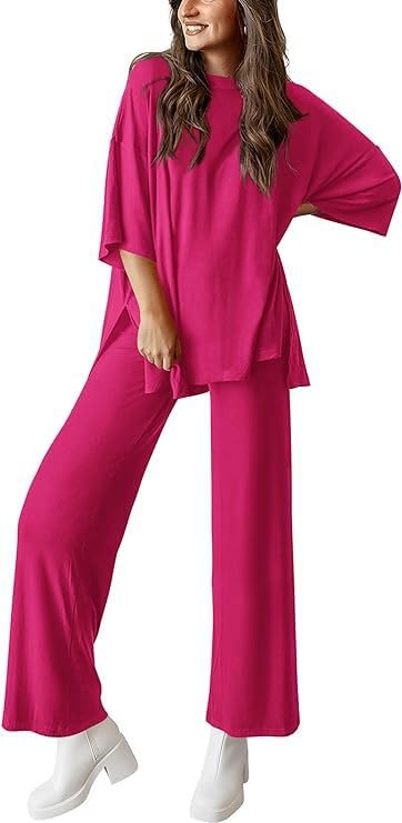 Ensemble décontracté pour l'automne rose rouge en taille S avec pantalon à jambes larges