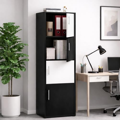 Image of Callas Wooden Book Rack | Multi-Compartment Storage Cabinet | Space-Saving Vertical Bookshelf with Doors | Durable & Sturdy Organizer for Home & Office (Black, 4 Tier)