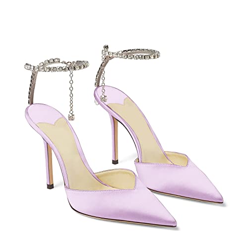 Image of LauraVicci Women's Heeled Sandals Crystal Chain Ankle Straps Rhinestones Buckle High Heels Stiletto Slip On Wedding Party Satin Dress Shoes