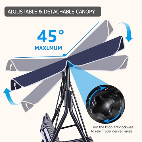 Image of GARTOO 3-Seat Patio Swing Chair, Outdoor Porch Swing with Adjustable Canopy and Durable Steel Frame for Patio, Garden, Poolside(Nevy Blue)