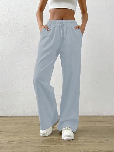 Image of TOPLOT Women's Linen Blend Wide Leg Palazzo Pants | Elastic Drawstring Waist Trousers for Woman | Relaxed Fit Casual Lounge Trousers | Breathable Straight Leg Everyday Bottom Wear (5268)