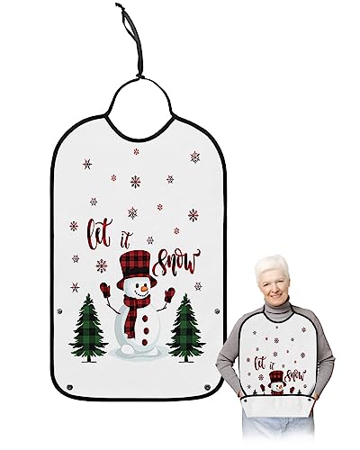 LEOKOTI Christmas Snowman Adult Bibs for Eating, Waterproof Bibs with Food Catcher & Adjustable Snap Closure, Xmas Tree Winter Snowflake Washable Clothing Protectors Adult Bibs for Elderly Women/Men