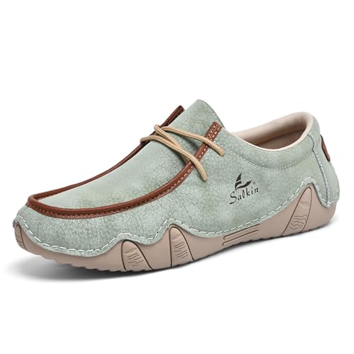 GLBDU Men's Waterproof Leather Casual Walking Shoes for Hiking Camping & Driving All Season Retro Hand Stitched Round Toe Lace Up Slip on Loafers Comfortable Soft Outdoor Fashion Sneakers (Cyan,12)