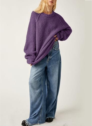 Image of Beaully Women's Oversized Crewneck Sweaters | Oversized style, Tunic sweater, Fuzzy knit, Soft knit, Loose fit, Drop shoulder
