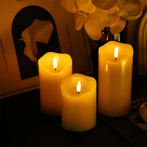 Image of 3Pcs Real Wax 3D Flickering Flameless LED Candles for Home Wedding Decor. | Real wax LED candles 4 inch /5 inch /6 inch, battery‑powered. Features 3D flicker, remote & timer, safe for table & indoor decor.
