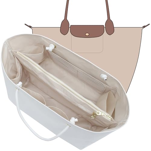 KESOIL Inserção organizadora de bolsa com suporte de copo elástico, divisor de bolsa de mão com Longchamp médio/Goyard PM e mais, 17 compartimentos/guia de chave, forro com zíper, branco/M