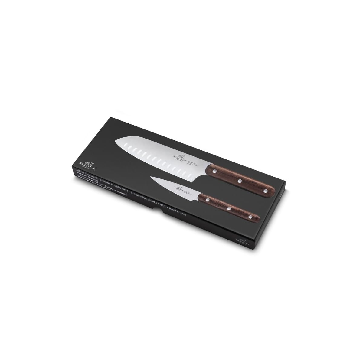LION SABATIER - Coffret Exotique de 2 Couteaux PHENIX - Office 9 cm, optimal pour Éplucher et Parer les Fruits et Légumes - Santoku 18 cm à Lame Alvéolée, Impeccable pour Trancher et Émincer