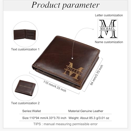 Image of Personalized Leather Wallet for Men, Custom Engraved with Name or Initials - RFID Blocking Bifold Thin Wallet, Ideal Father's Day Birthday Gift for Dad Husband, Comes with Gift Box (Dark Coffee)
