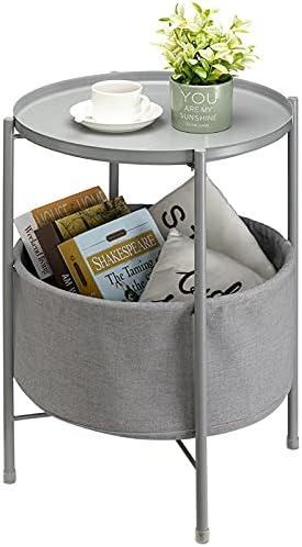 G&W Coffee Round Table, Metal Nightstand, Sofa Side Snack Table, Bedside End Table with Detachable Tray Top and Fabric Storage Basket, Scandi Style Lamp Table for Living Room Bedroom (Grey)