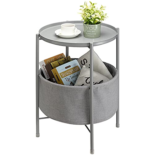 G&W Coffee Round Table, Metal Nightstand, Sofa Side Snack Table, Bedside End Table with Detachable Tray Top and Fabric Storage Basket, Scandi Style Lamp Table for Living Room Bedroom (Grey)