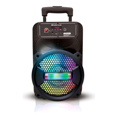 TOPTECH Rock-8 Fully Amplified 1500W Portable Bluetooth Speaker, 8-Inch Woofer, LED Lights, 5-Hr Rechargeable Battery, USB, TF Card, FM Radio, AUX Inputs, Wired Microphone for Karaoke, Black