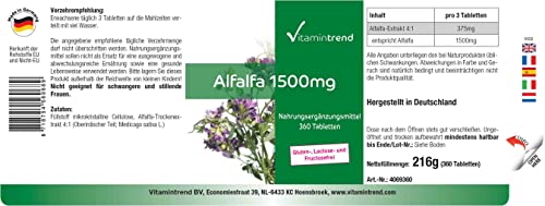 Vitamintrend Alfalfa 500mg, 360 Tabletten, 4:1 Extrakt, Nahrungsergänzungsmittel vegan ohne Magnesiumstearat, in Deutschland hergestellt