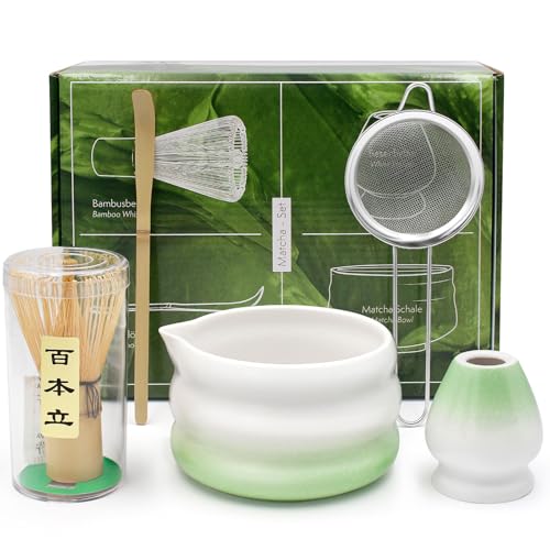 Matcha Kit, 5 Pièces Set Matcha Complet avec Fouet Matcha Bambou, Bol Matcha, Tamis, Support Matcha Fouet et Cuillère Matcha, Premium pour Préparation, Idéal pour la Maison, le Bureau et Comme Cadeau