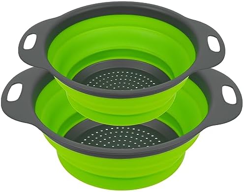 AUAUY 2 Pack Collapsible Colander Set, Round Silicone Folding Collapsible Strainers with Plastic Handles, Eco-Friendly Food Strainer for Kitchen Draining Pasta Vegetables Fruits-1 Large and 1 Small