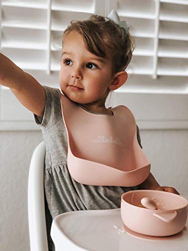 Ullabelle Suction 7 Pc Baby Feeding Set -BPA Free, 100% Food Grade Silicone- Microwave & Dishwasher Safe- 2 Silicone Bibs, 1 Suction Divided Toddler Plate, 1 Suction Bowl w/ Lid & 2 Spoons (Pink) - Thumbnail 2