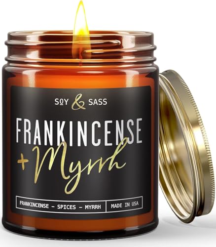 Frankincense and Myrrh Candle Christmas Candles Scented - w/Spices Frankincense & Myrrh - Infused with Essential Oils I Frankincense Candle I 9oz 50Hr Made in USA