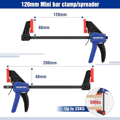 WORKPRO 4-delige klemmen voor houtbewerking, 150 mm x 2 & 120 mm x2, eenhandige klemmen/spreider, houtklemset, lichtgewicht snelwisselbare F-klem, 23/68 kg - Afbeelding 6