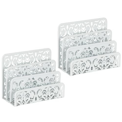 EasyPAG 2 Pack Mail Organizer with Hollow Floral Design, Metal Desktop Letter Sorter – 3 Compartments, No Assembly, Anti-Slip Feet for Office/Home Desk, White