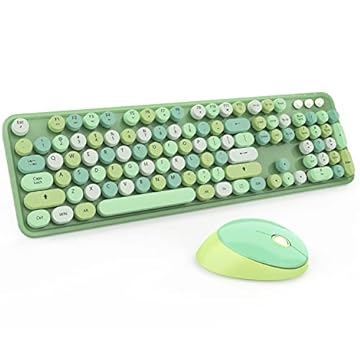 Combo de teclado e mouse sem fio, linda máquina de escrever colorida com 104 teclas, retrô, teclas redondas para PC, laptop, Windows, desktop, para teclados domésticos e de escritório (verde)