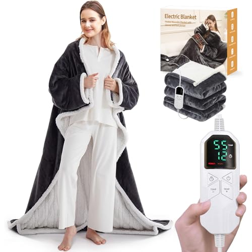 TABKSOLA Coperta riscaldante con maniche, 130 × 180 cm, 10 livelli di calore, fino a 12 ore di spegnimento automatico, in flanella lavabile, adatta per casa e ufficio, coperta elettrica per letto e