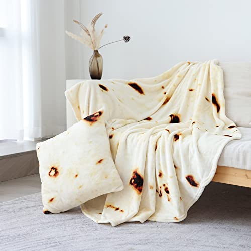Image of Bnuitland 72 Inches Tortilla Burritos Pattern Blanket with Pillow Cover (18x18 inch), 300 GSM Double Sided Giant Funny Novelty Realistic Food Blanket for Adults and Kids