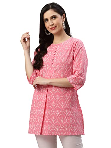 Image of Yash Gallery Women's Cotton Regular Fit Short Floral Printed Kurta
