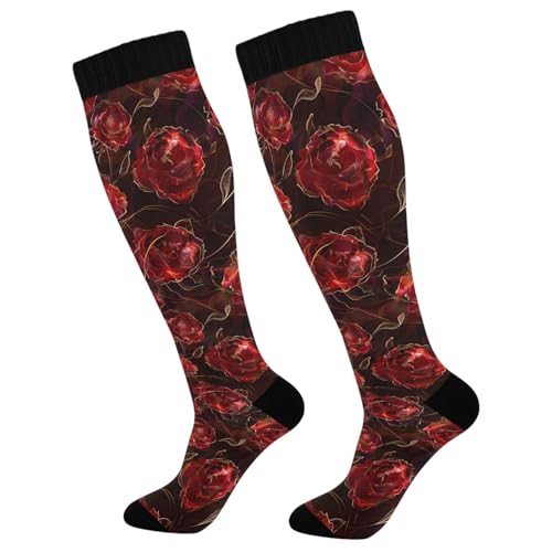 ALAZA Athletic Compression Socks Knee High Socks Stockings for Women Scarlet Rose Running Circulation Sport Football