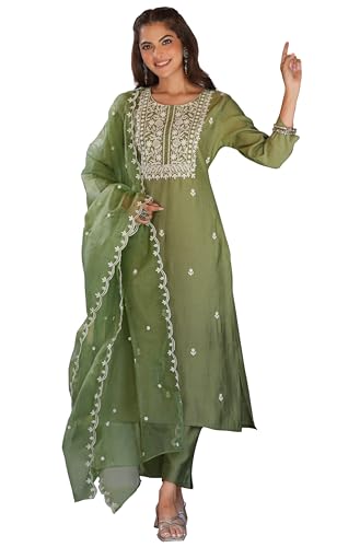 Janasya Indian Women's Silk Blend Sage Embroidered Festive Wear Kurta Set for Women