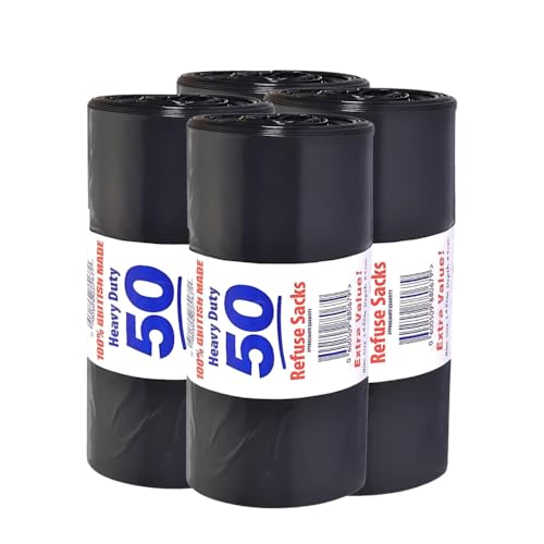 80L Black Bin Bags | Heavy Duty Plastic Refuse Sacks, 50 Bags Roll | 100% Recycled Material, Kitchen Home Office Garden | Pack of 4
