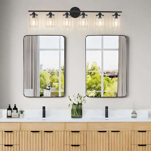 Image of Jonsi Bkack Bathroom Light Fixtures 6-Light Vanity Lights Modern Wall Sconce with Clear Glass Shade Bathroom Light Fixture Over Mirror for Bedroom Hallway Kitchen
