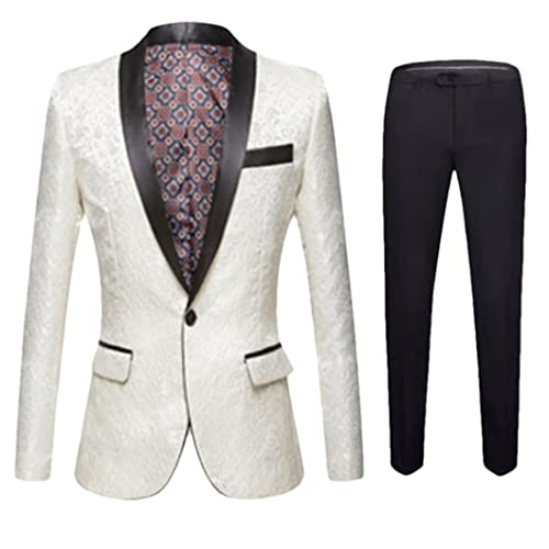 Blazer + Hose Herren Anzug Jacquard Business Hochzeit Bräutigam Kleid 2-teiliges Set Beige US Größe XS
