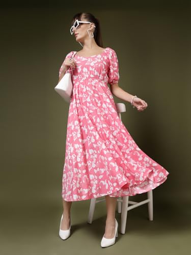 Image of OOMPH! Below Knee Shift Pink Dress in Crepe Fabric with Round Neck and Puff Sleeves - md619l