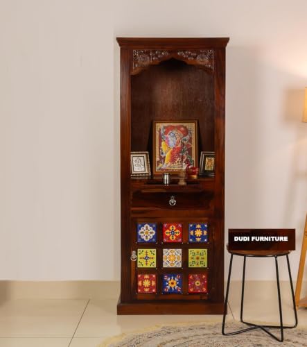 Image of Solid Sheesham Wood Temple for Home & Office /Mandir /God Stand /Pooja Stand /Home Mandap /Mandapam with Cabinet Doors & Multiple Storage /Shelf with Drawers (Honey TMT, 23x15x57 inch)