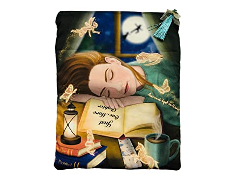Funda artesanal grande para libros y tablets de Libros y Sueños + marcapáginas regalo, algodón ecológico, acolchada, bolsillo trasero y cremallera superior. Regalo ideal para adolescentes