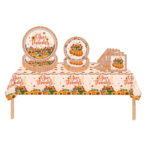 53Pcs Thanksgiving Tableware for Table Decorations - Happy Thanksgiving Theme Dinnerware Set With Table Cloth, 7inch and 9inch Plates, Napkins - Party Supplies