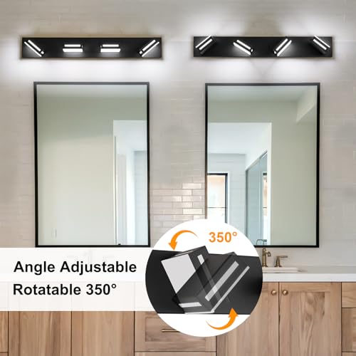 Image of LED Modern Bathroom Light Fixtures, 4-Light 30-Inch Matte Black Vanity Lights for Bathroom Lighting Fixtures Over Mirror, 6000K Cool White 350 Rotatable Wall Lamp
