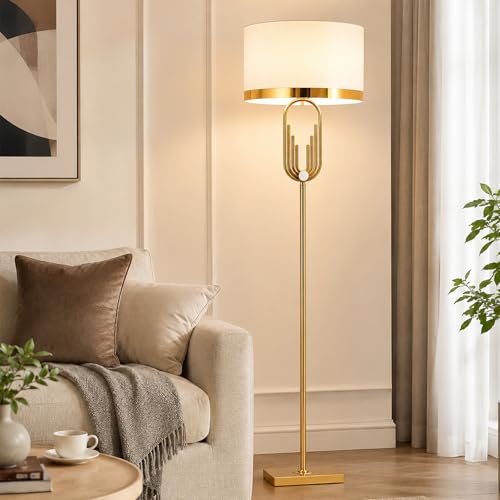 KlkrzJwy Lámpara De Pie Moderna Dorada De 165 CM, Redonda De Lino, Con Casquillo E27, 3 Temperaturas De Color, Tallo Alto Metálico, Para Salón, Dormitorio U Oficina (Incluye Bombilla)