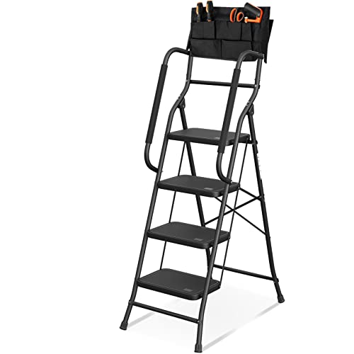 SPIEEK 4 Step Ladder with Handrails Folding Step Stool with Attachable Tool Bag, Non-Slip Wide Pedal...