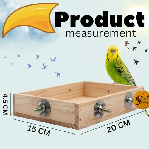 Image of Sage Square Bird Cage Wooden Feeding Bowl - Natural, Hand-Made, Sturdy & Stylish, Ideal for Birds, Parrots, Small Pets, Perfect for Food, Treats, Safe Cage Accessory (8 x 6 inch)