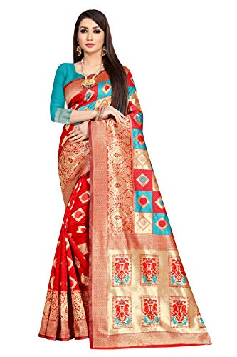 kfgroup Women's Jacquard Silk Saree with Blouse Piece Dresses Wedding Sari Blouse Piece 01 (Red)