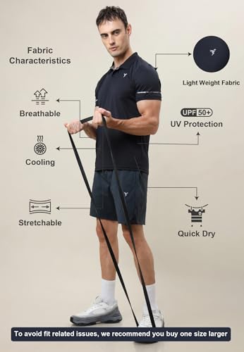 Image of TECHNOSPORT Men's Solid Slim Fit Polo Collar T-Shirt TECHNOCOOL+ Half Sleeve Button Polyester for Gym Running Workout UPF50+ Anti Odour