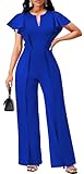 Elegant Blue Jumpsuits for Women Work Dressy Sexy Formal Short Sleeve Long Straight Pants Wedding Guest Jumpsuit with Zipper(Large)
