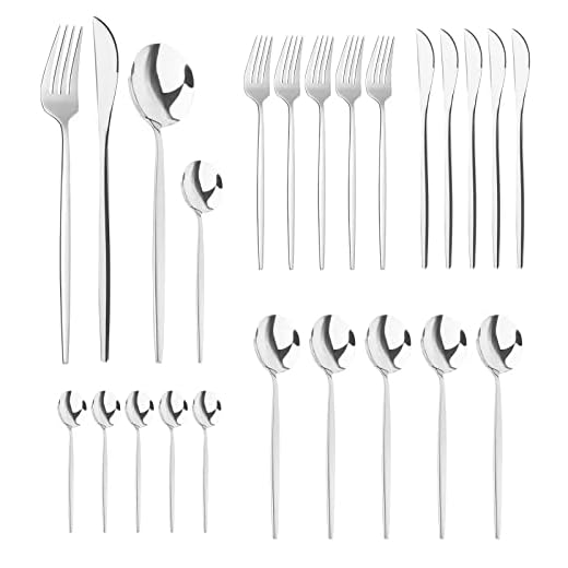 24 Pezzi Set Posate Acciaio Inox 6 Persone con Forchette Cucchiaini Caffe Cucchiaio Lavabili In Lavastoviglie Lucidate a Specchio | Argento